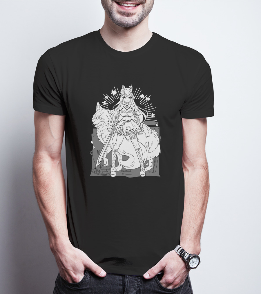 Shark Robot Silvervale Vshojo Warrior With Wolf Companion T-Shirt
