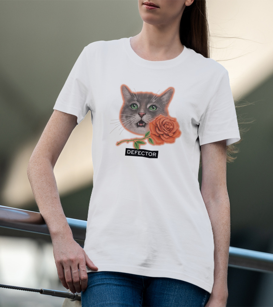 Defector Grey Cat With Orange Rose T-Shirt