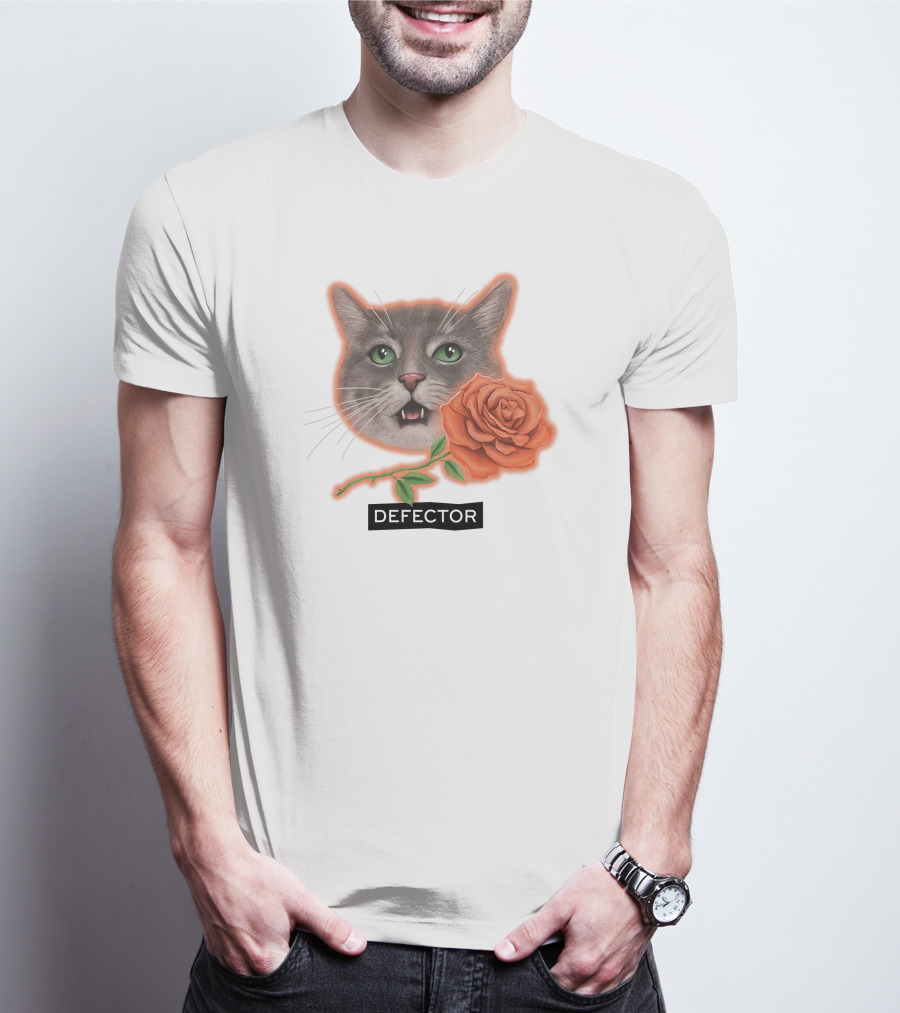 Defector Grey Cat With Orange Rose T-Shirt