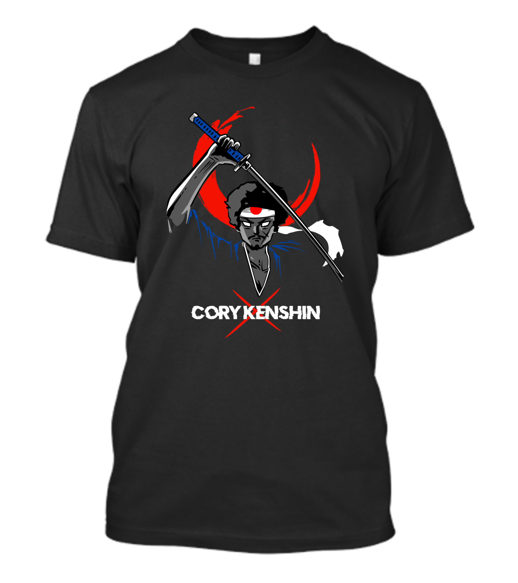 CoryxKenshin Samurai With Sword In Blue Kimono And Red Crescent Background T-Shirt
