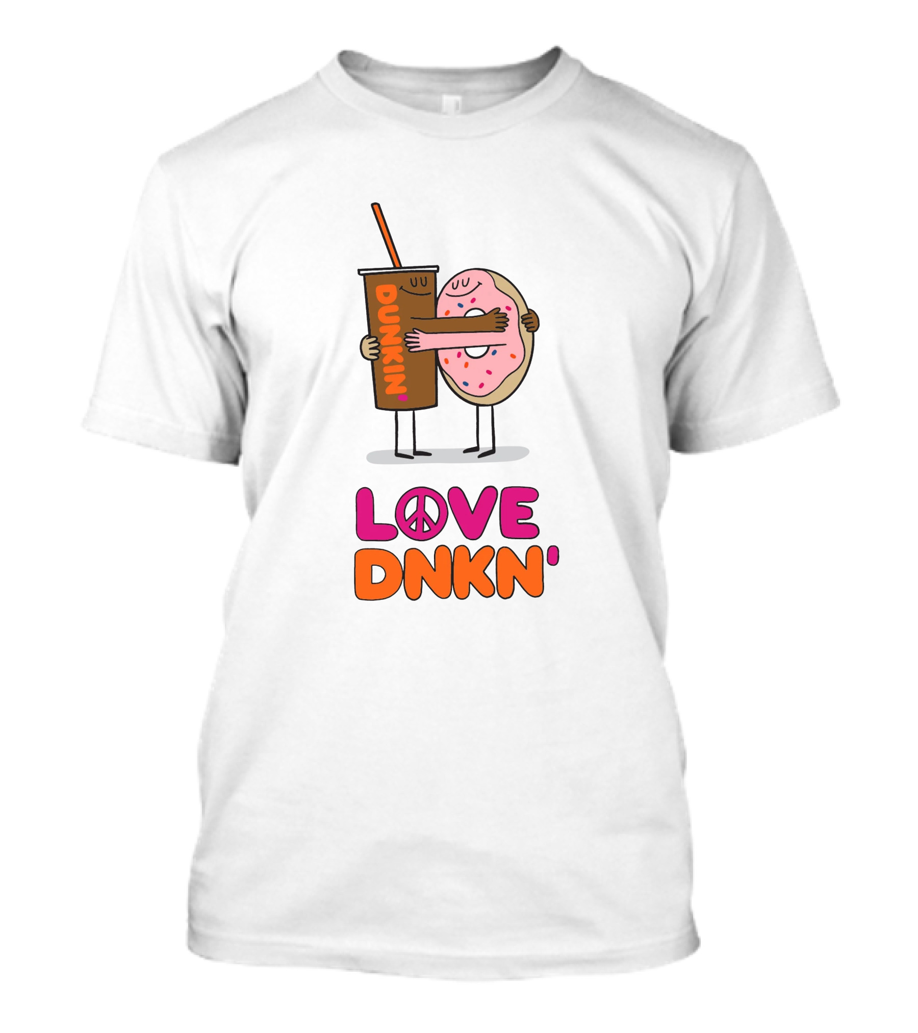 LOVE PEACE DUNKIN' HUGGING CARTOON DONUT AND COFFEE T-Shirt