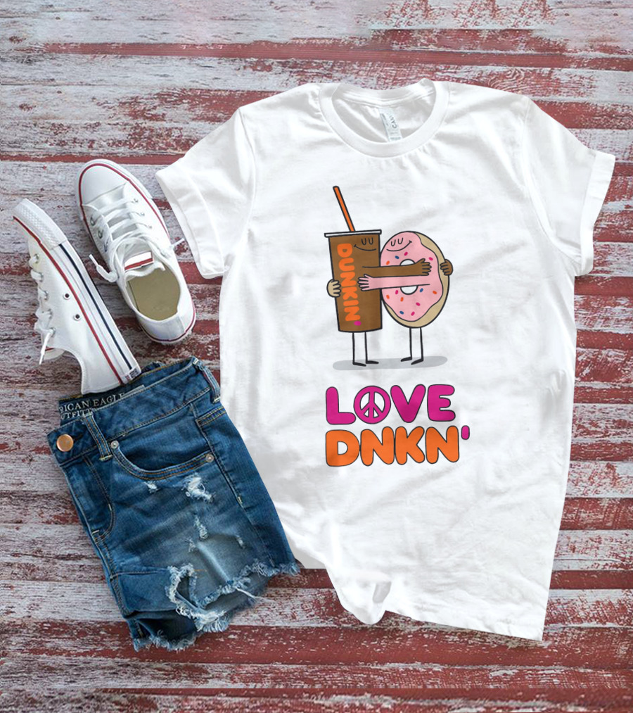 LOVE PEACE DUNKIN' HUGGING CARTOON DONUT AND COFFEE T-Shirt