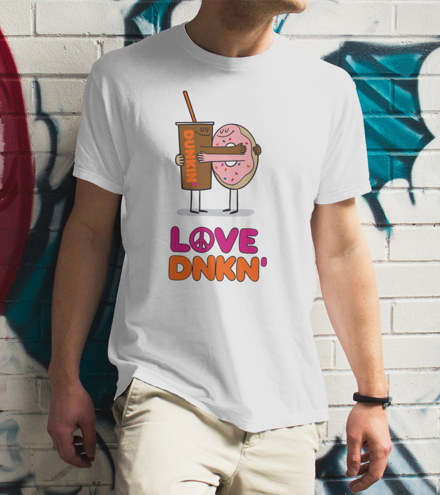 LOVE PEACE DUNKIN' HUGGING CARTOON DONUT AND COFFEE T-Shirt