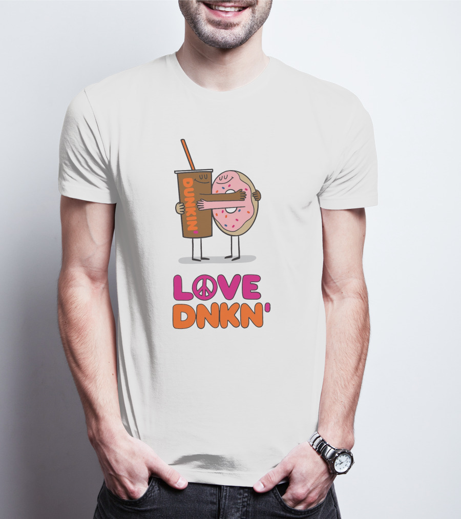 LOVE PEACE DUNKIN' HUGGING CARTOON DONUT AND COFFEE T-Shirt