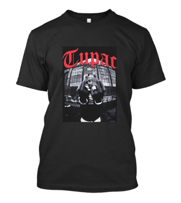 Tupac Front View Gesture Red Gothic Text T-Shirt