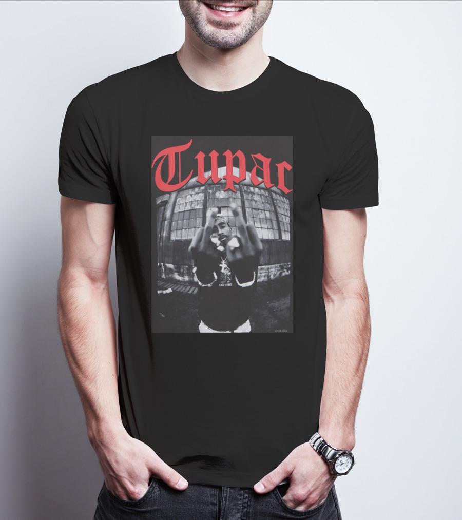 Tupac Front View Gesture Red Gothic Text T-Shirt