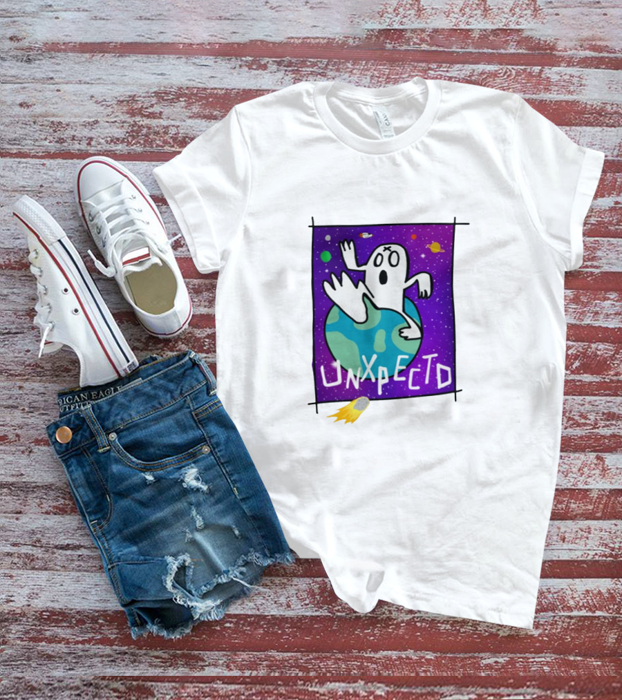 Unxpectd Ghost Mascot Floating In Outer Space With Planets And Asteroids T-Shirt