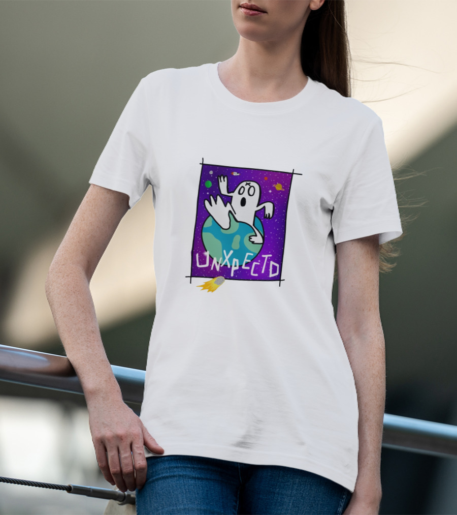 Unxpectd Ghost Mascot Floating In Outer Space With Planets And Asteroids T-Shirt