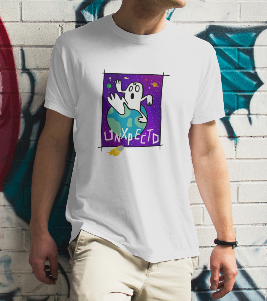 Unxpectd Ghost Mascot Floating In Outer Space With Planets And Asteroids T-Shirt