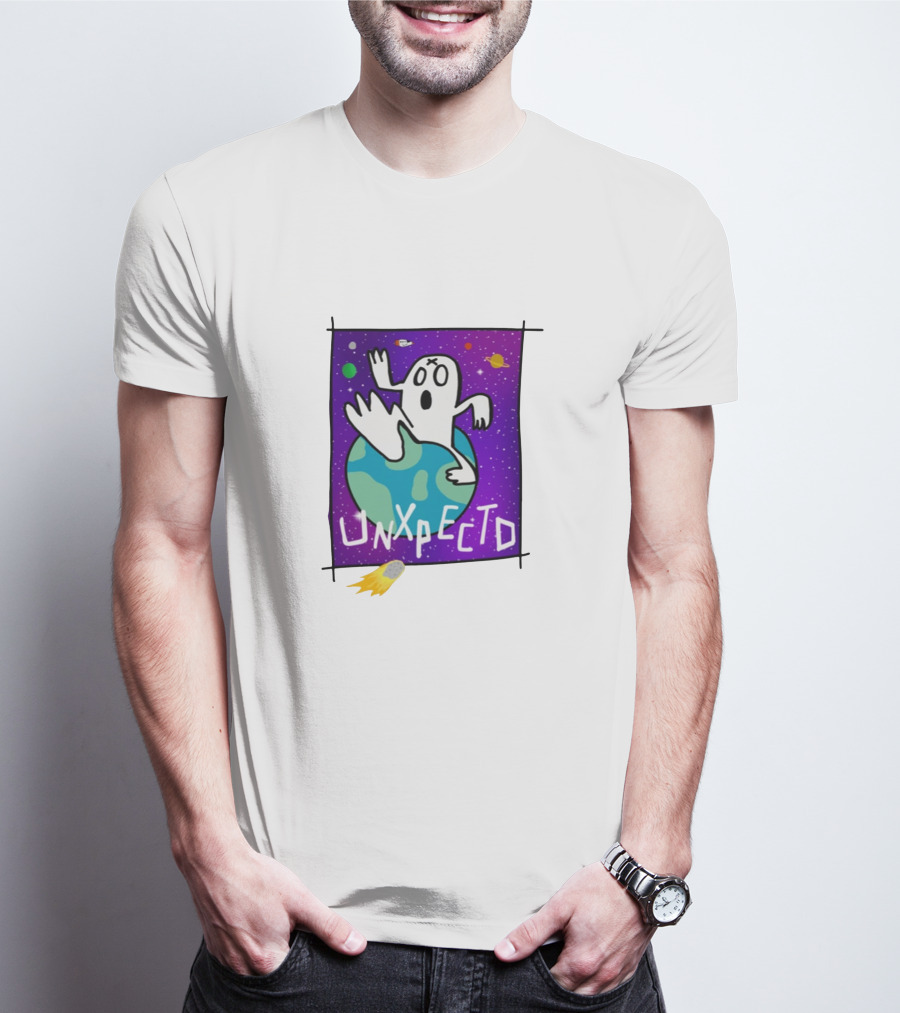 Unxpectd Ghost Mascot Floating In Outer Space With Planets And Asteroids T-Shirt