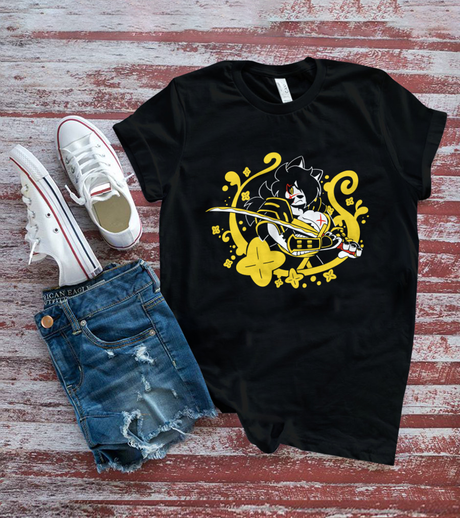 Hachimitsu Samurai Character With Sword And Yellow Floral Motif T-Shirt