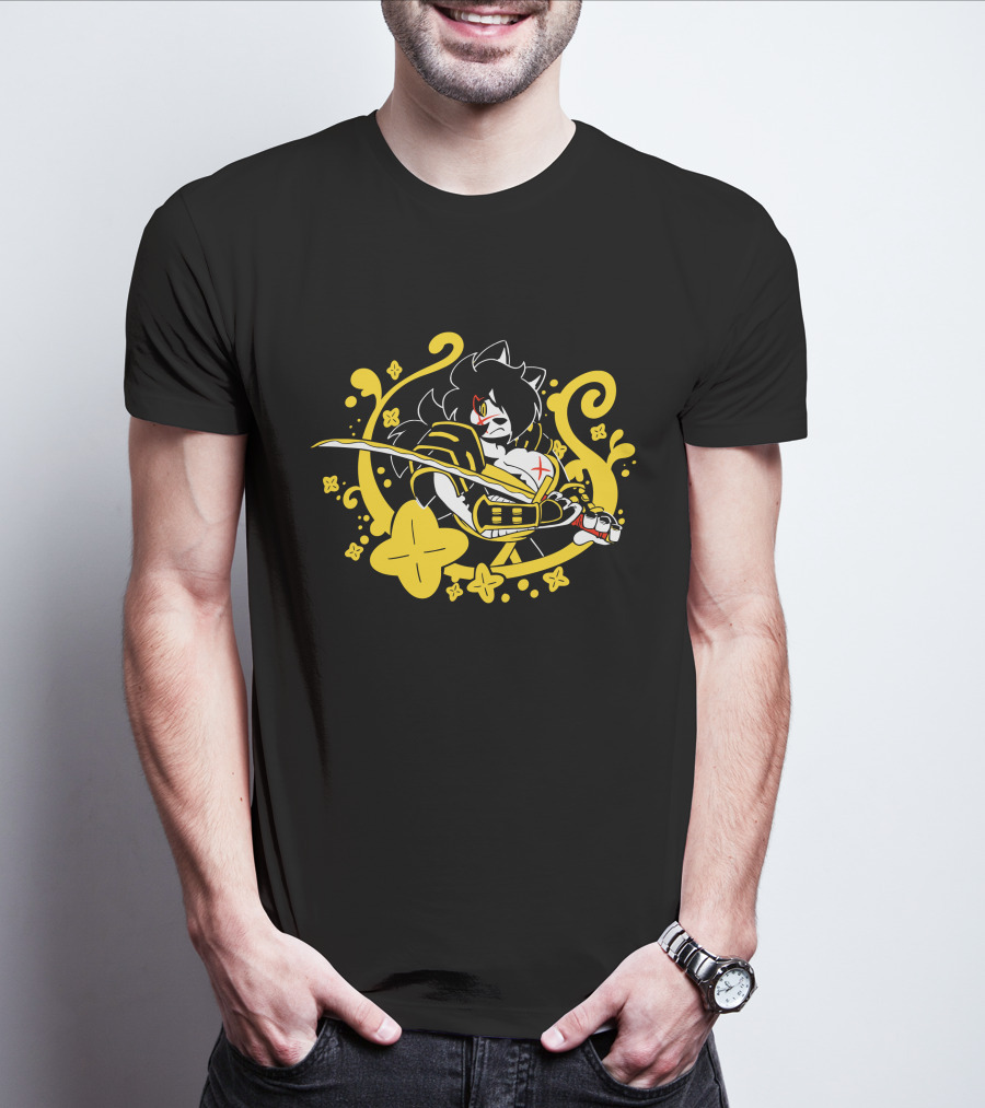 Hachimitsu Samurai Character With Sword And Yellow Floral Motif T-Shirt