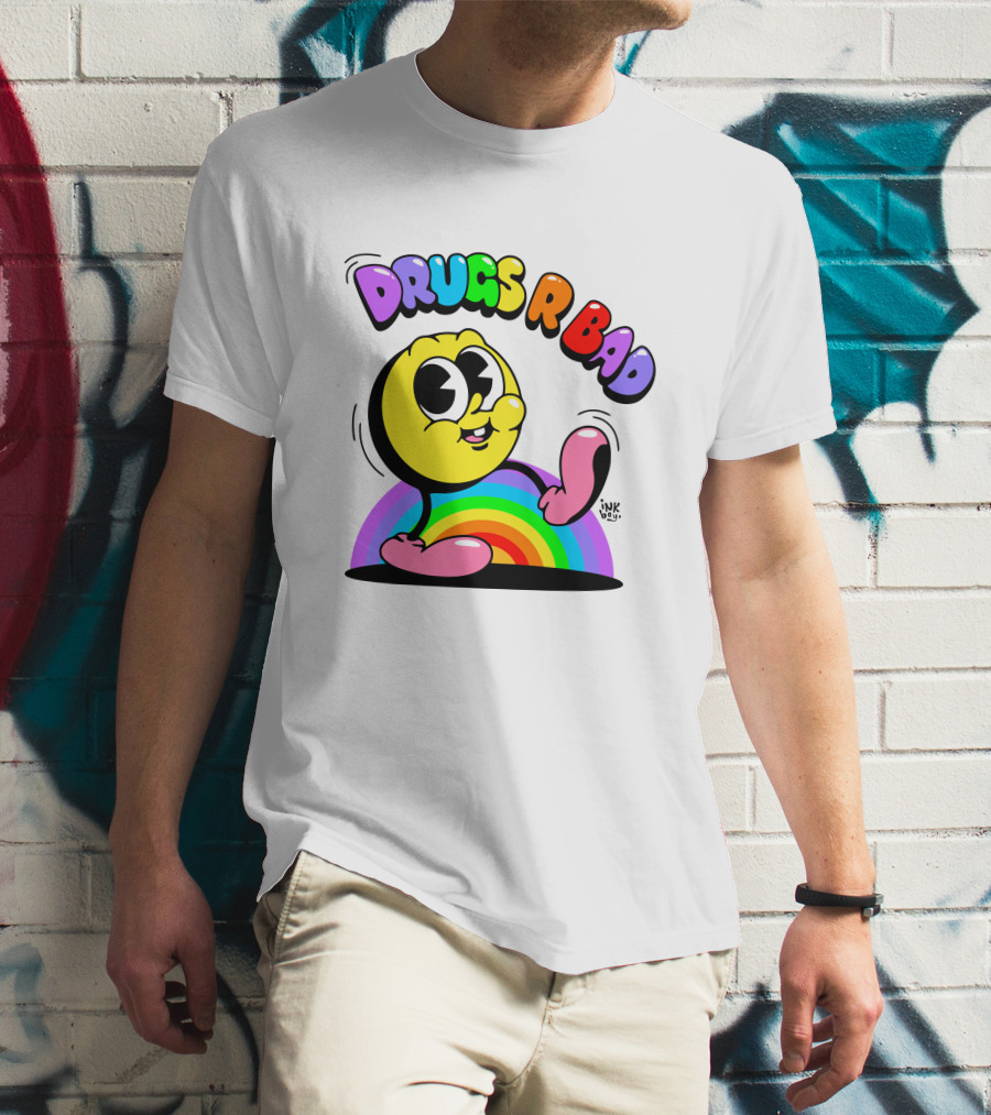 DRUGS R BAD Retro Rainbow Cartoon Smiley T-Shirt