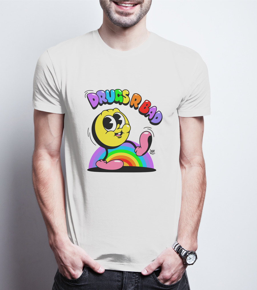 DRUGS R BAD Retro Rainbow Cartoon Smiley T-Shirt