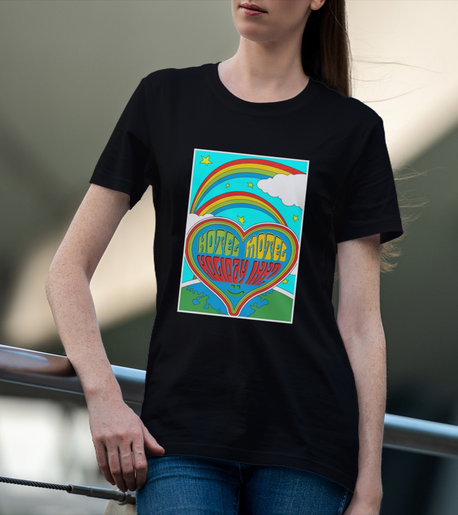 Sarahbaska Hotel Motel Holiday 1973 Rainbow Earth Heart T-Shirt