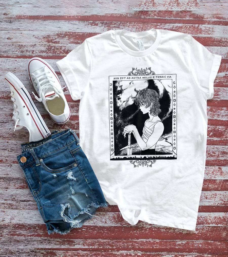Non Est Ad Astra Mollis E Terris Via Sword-Wielding Figure In Classical Frame T-Shirt