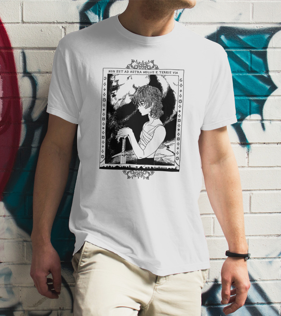 Non Est Ad Astra Mollis E Terris Via Sword-Wielding Figure In Classical Frame T-Shirt