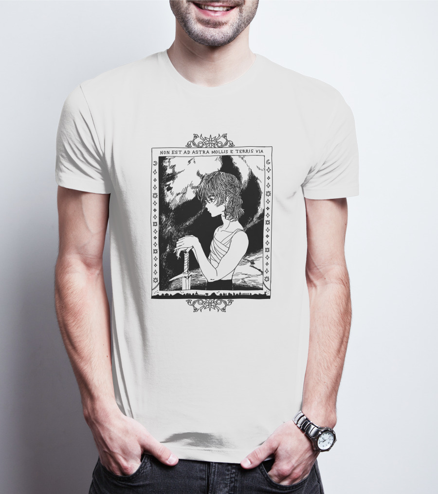 Non Est Ad Astra Mollis E Terris Via Sword-Wielding Figure In Classical Frame T-Shirt