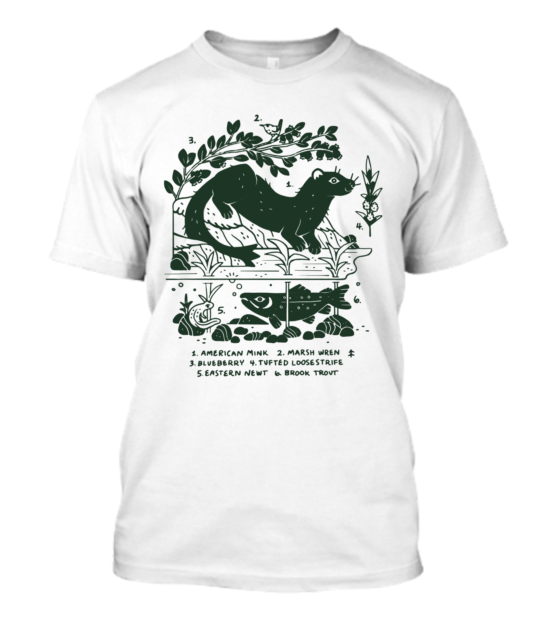 Camp Mustelid Merch Taxonomy American Mink Marsh Wren Blueberry Tufted Loosestrife Eastern Newt Brook Trout T-Shirt