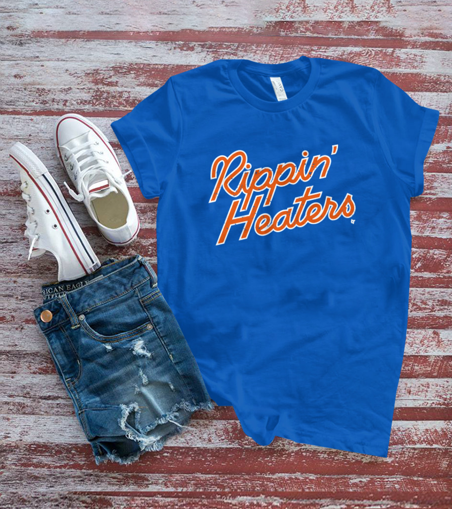 Rippin' Heaters Bold Script White And Orange Retro Style On Blue T-Shirt