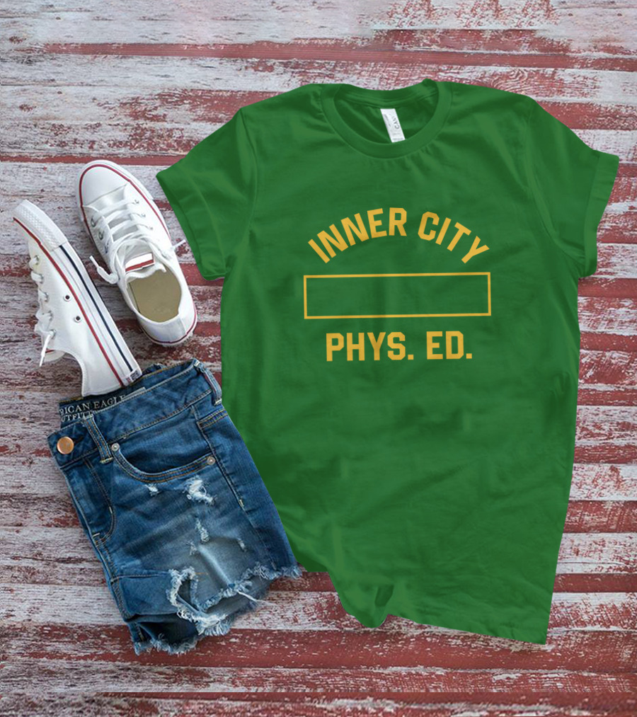Inner City Phys Ed Green Yellow Block Letters T-Shirt