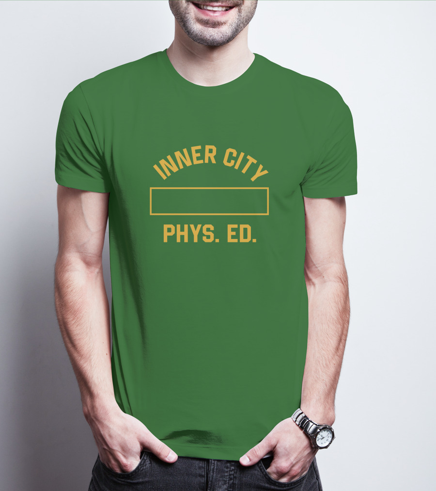 Inner City Phys Ed Green Yellow Block Letters T-Shirt