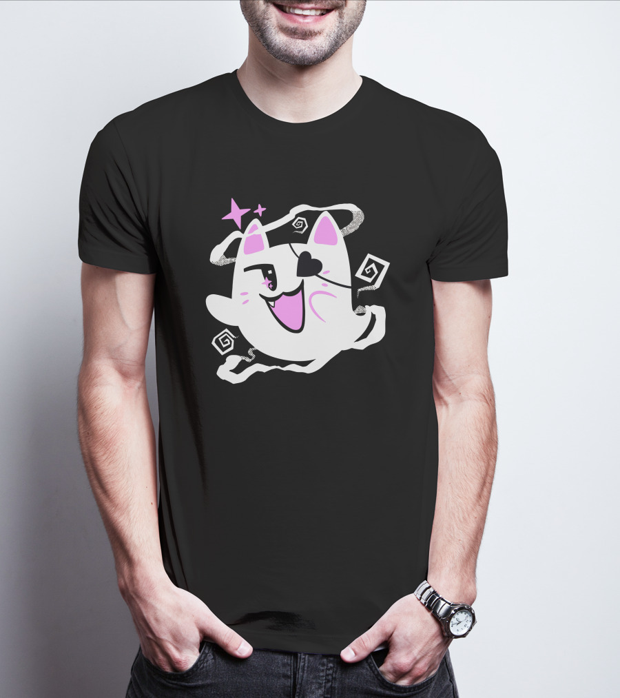 Sharkrobot Merch Goro Is Here Ghost Cat With Heart Eye And Spiral Stars T-Shirt