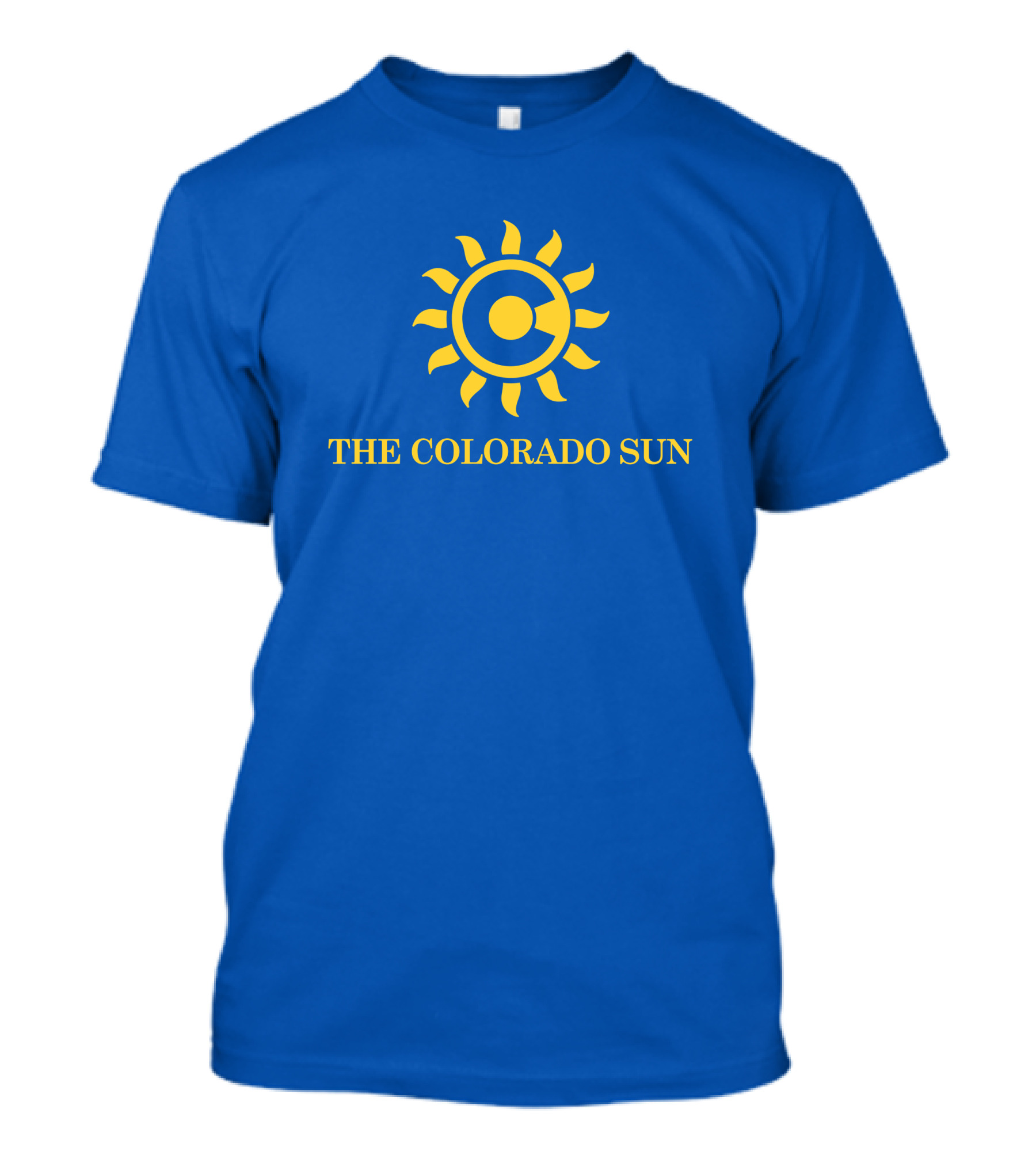 The Colorado Sun Merch Colorado Sun Logo Yellow Sunburst Blue Background T-Shirt