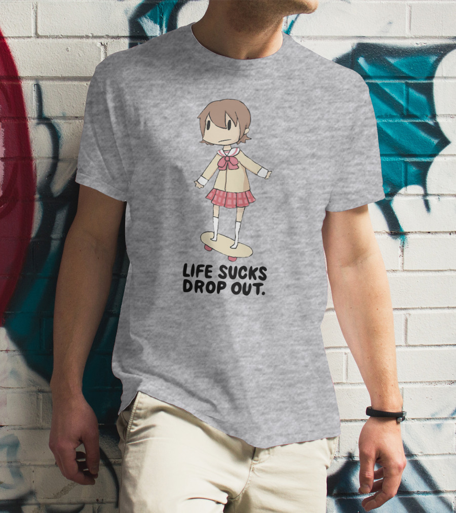 Life Sucks Drop Out Anime Style Character On Skateboard T-Shirt