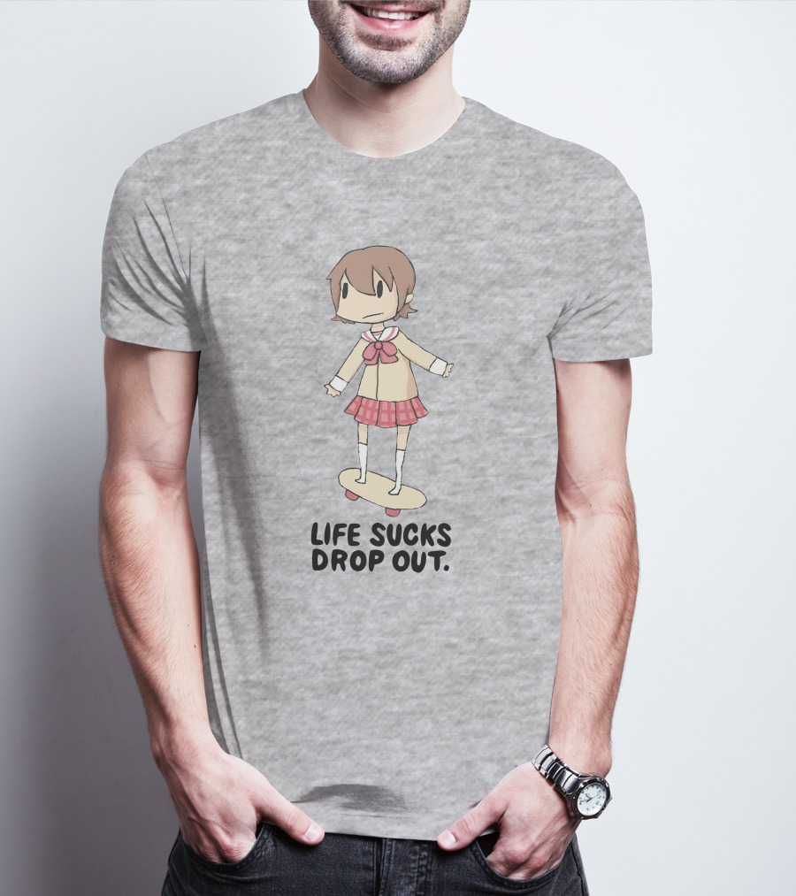 Life Sucks Drop Out Anime Style Character On Skateboard T-Shirt
