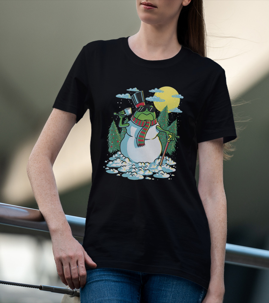 BoomerNA Merch BoomerNA Snowfrog Frog Snowman Christmas Tree Top Hat Cane T-Shirt