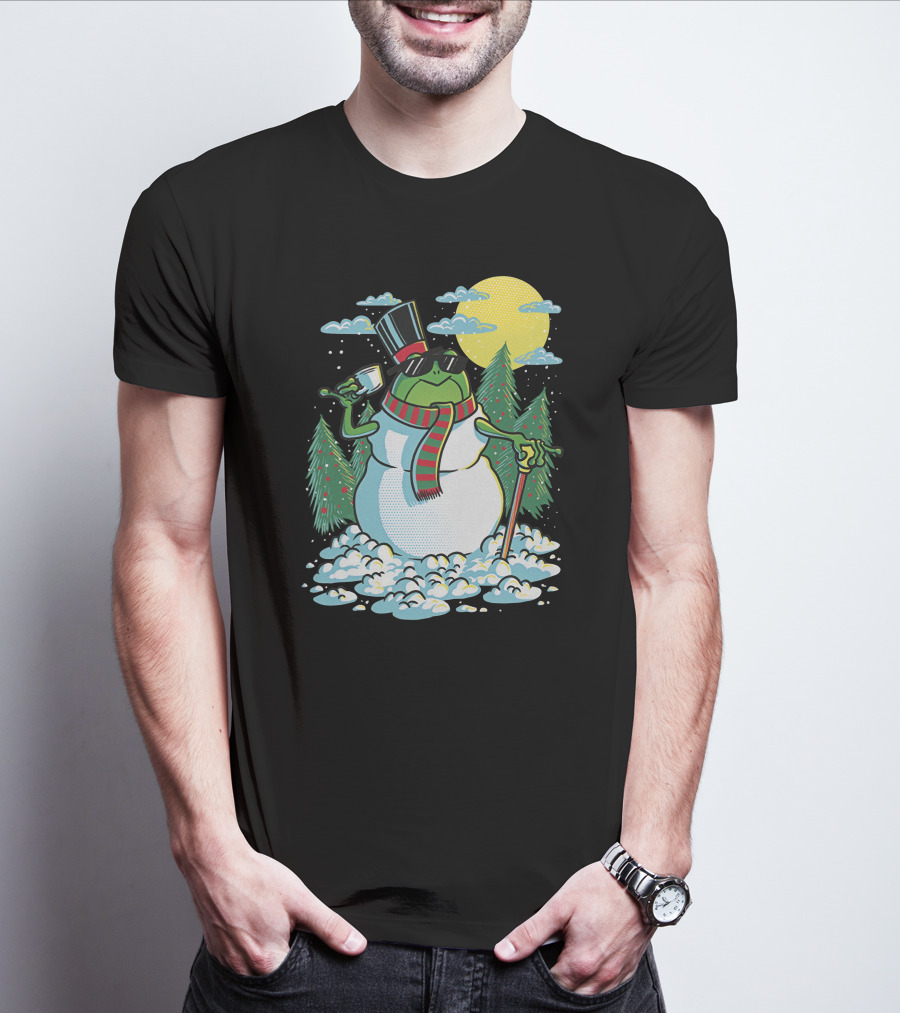 BoomerNA Merch BoomerNA Snowfrog Frog Snowman Christmas Tree Top Hat Cane T-Shirt