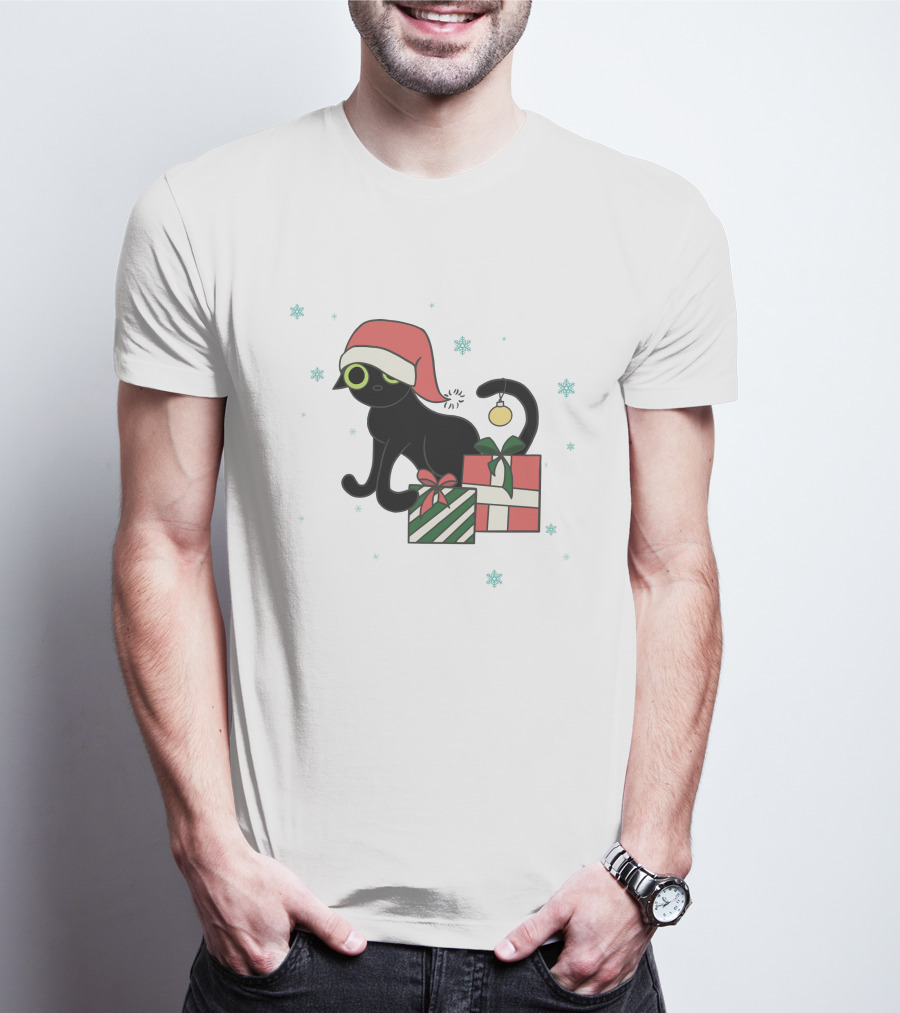 Jinx Holiday Merch Bigfootjinx Holiday Black Cat Santa Hat Presents Snowflakes T-Shirt