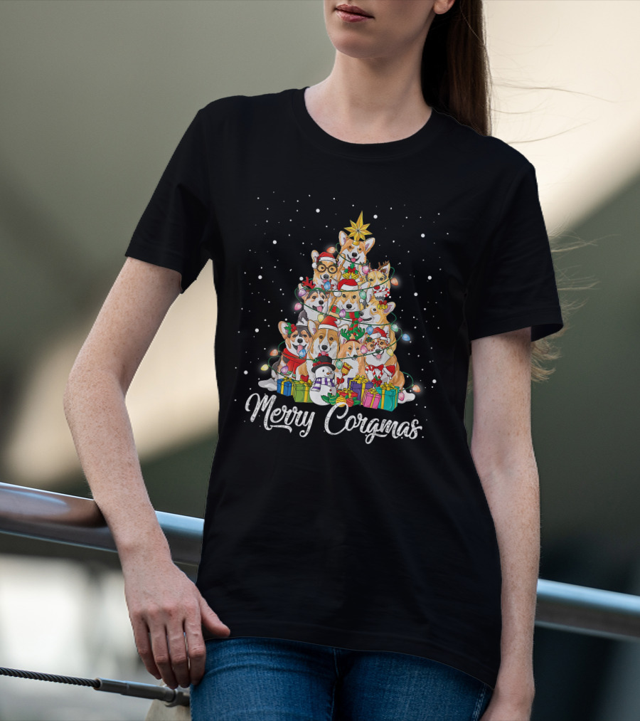 Merry Corgmas Corgi Christmas Tree Dog Gifts Snowman Star Lights T-Shirt