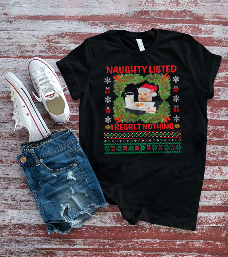 Naughty Listed Cat I Regret Nothing Santa Milk Cookies Christmas T-Shirt