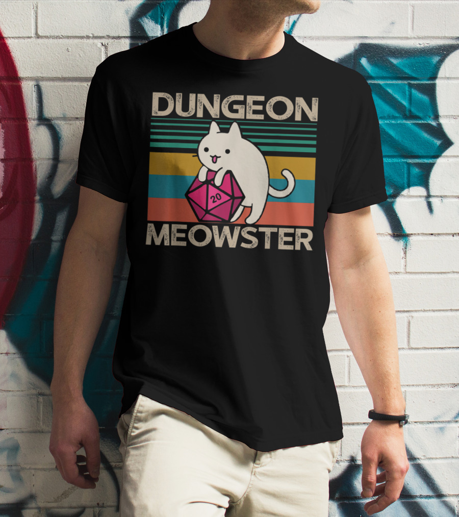 Dungeon Meowster Nerdy Gamer Cat D20 RPG Retro Stripes T-Shirt
