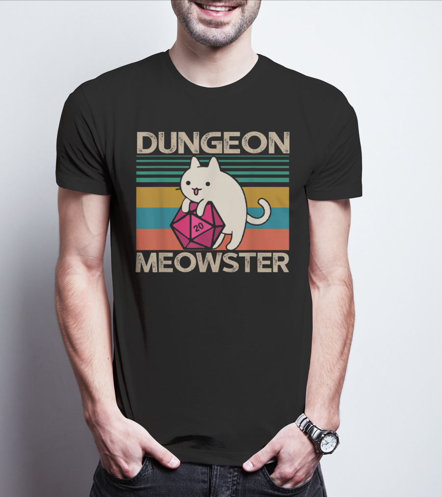 Dungeon Meowster Nerdy Gamer Cat D20 RPG Retro Stripes T-Shirt