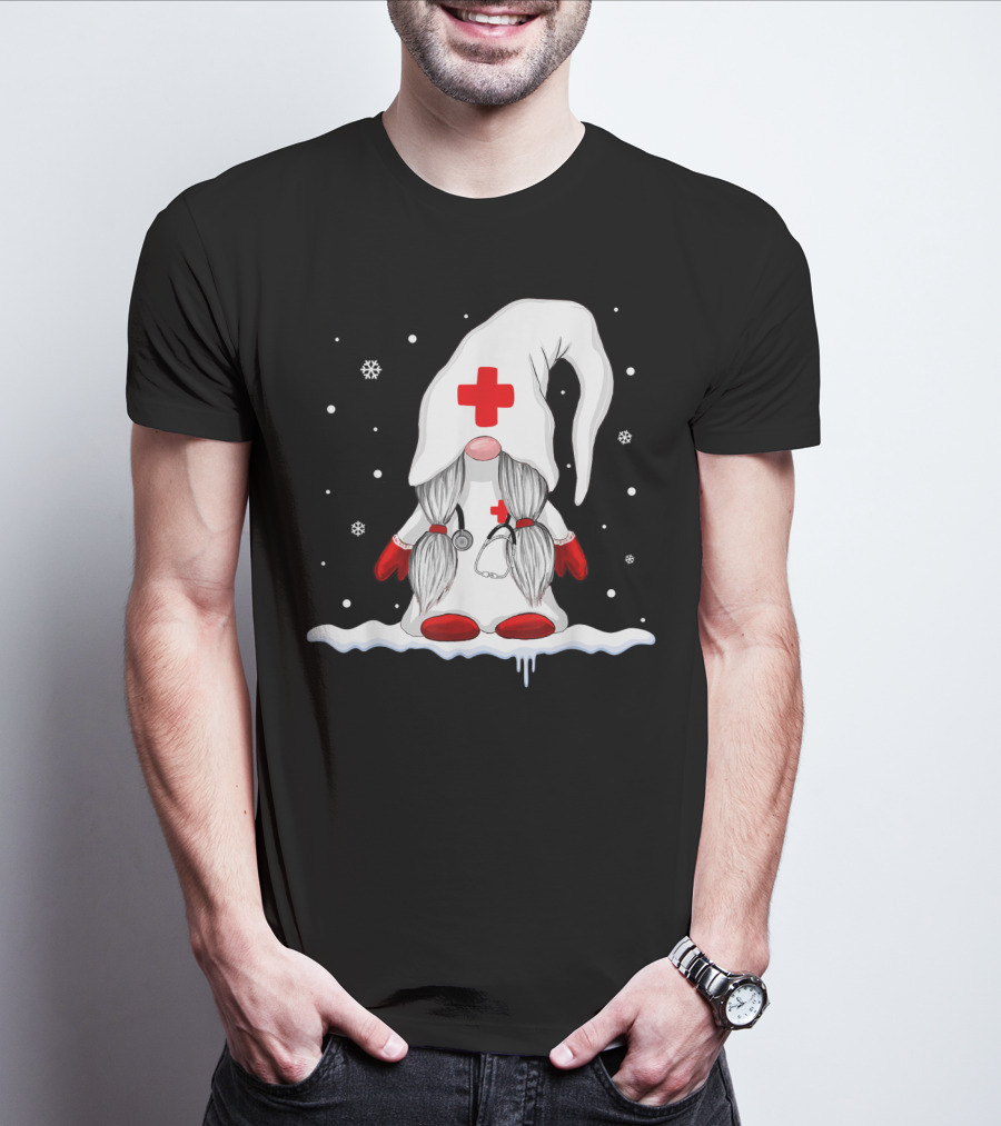 Gnome Nurse With Stethoscope And Red Cross Winter Scene T-Shirt