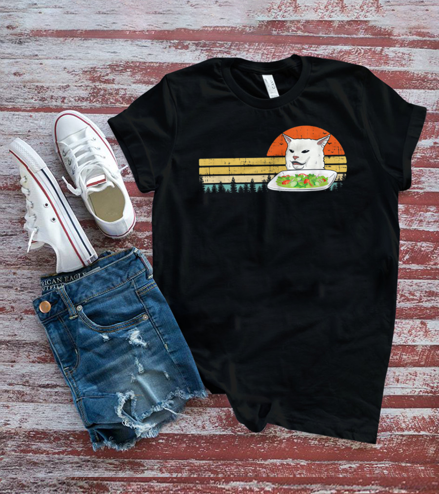 Yelling Cat Meme Retro Sunset Salad Plate Forest Scene T-Shirt