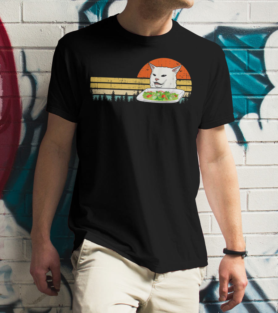Yelling Cat Meme Retro Sunset Salad Plate Forest Scene T-Shirt