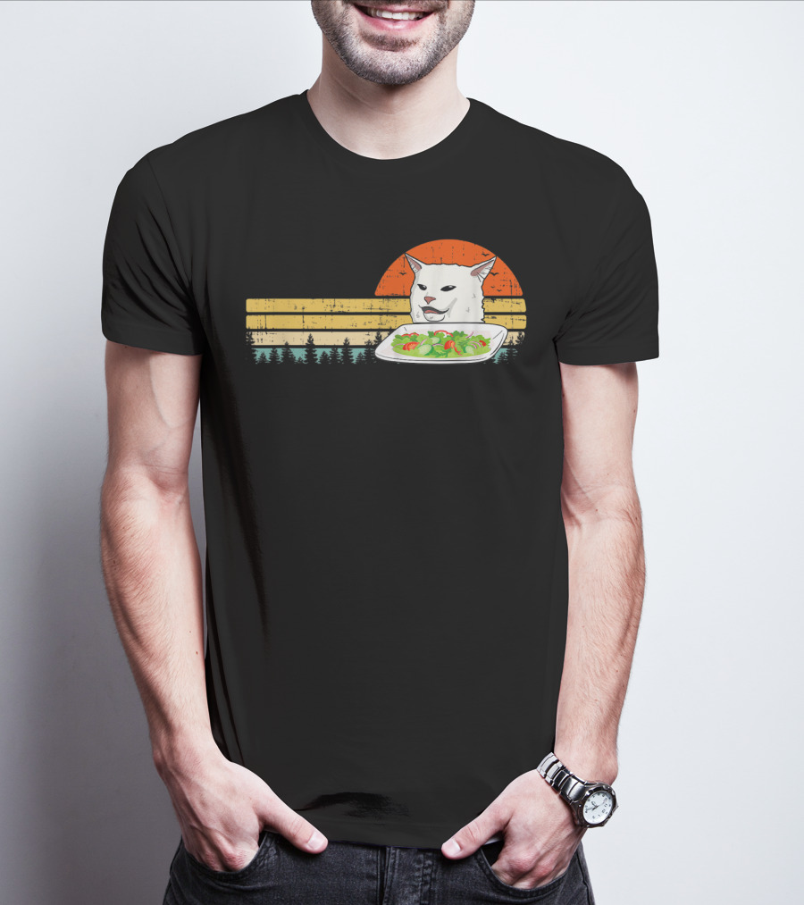 Yelling Cat Meme Retro Sunset Salad Plate Forest Scene T-Shirt