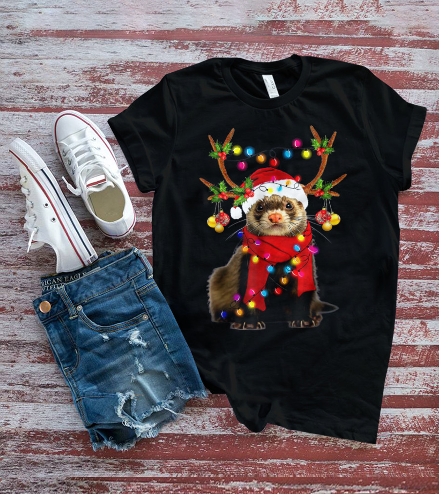 Ferret Santa Reindeer Christmas Lights T-Shirt