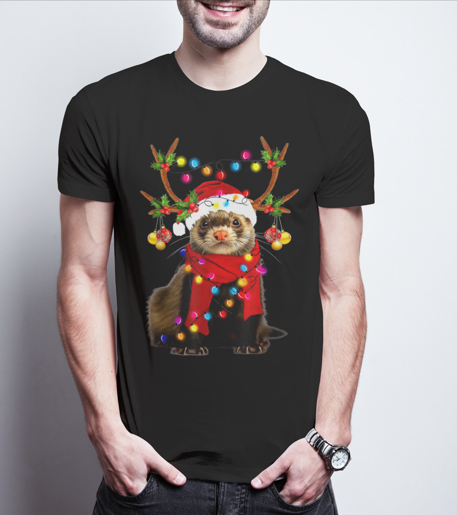 Ferret Santa Reindeer Christmas Lights T-Shirt