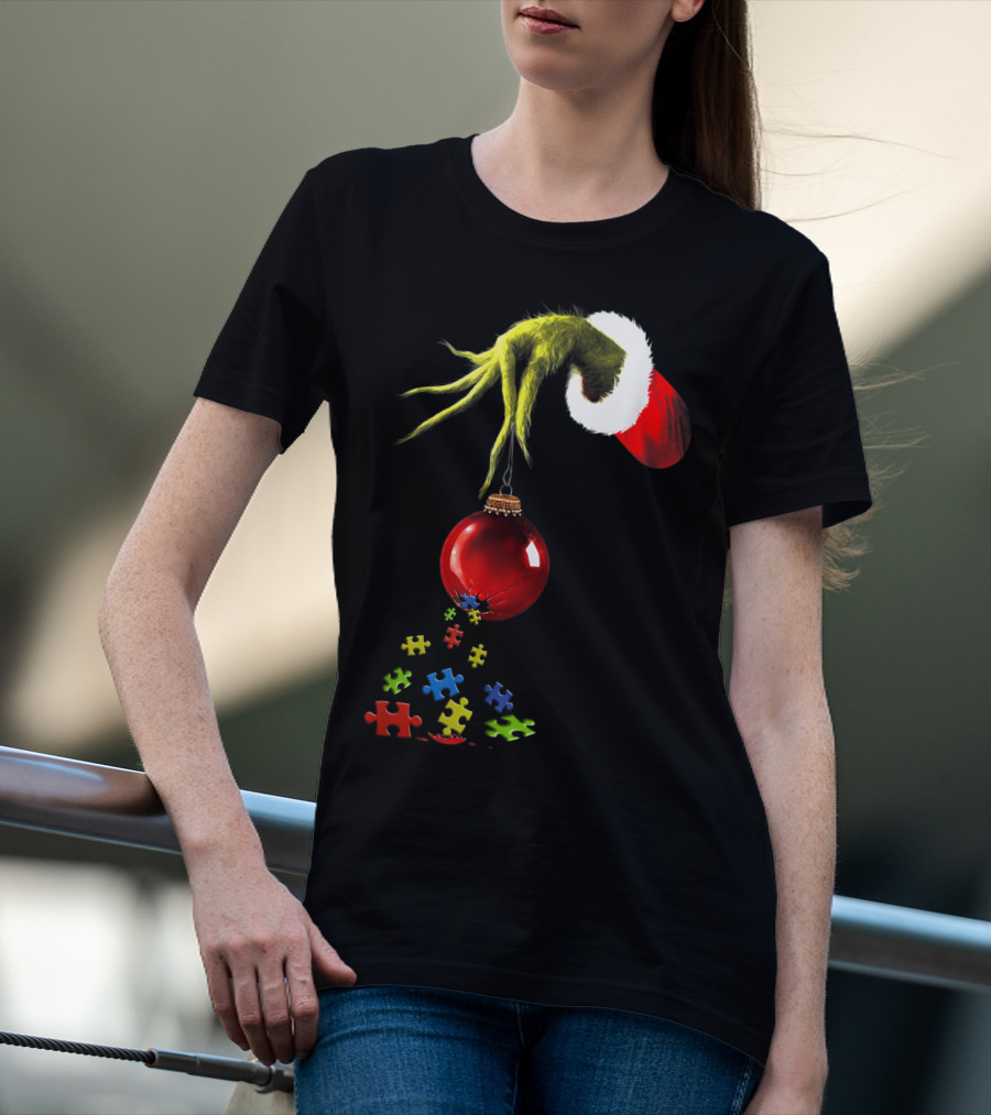 Grinch Hand Holding Red Ornament With Autism Puzzle Pieces T-Shirt