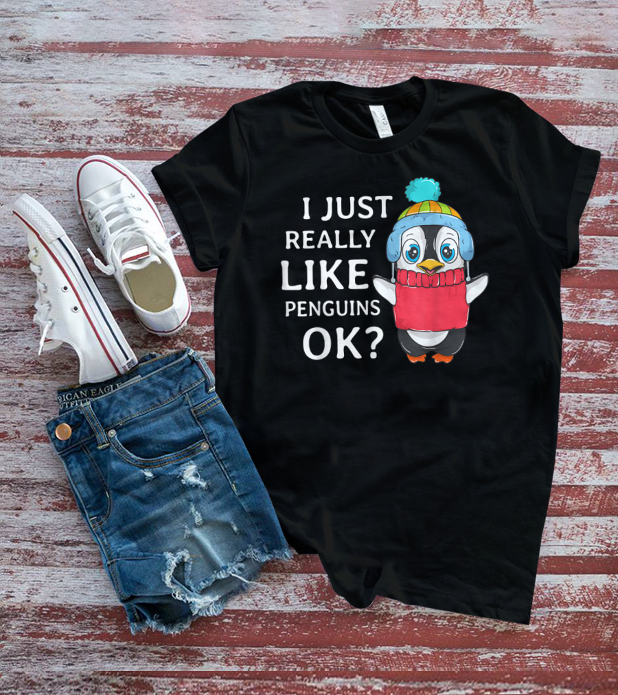 I Just Really Like Penguins Ok Cute Penguin In Winter Hat And Scarf T-Shirt
