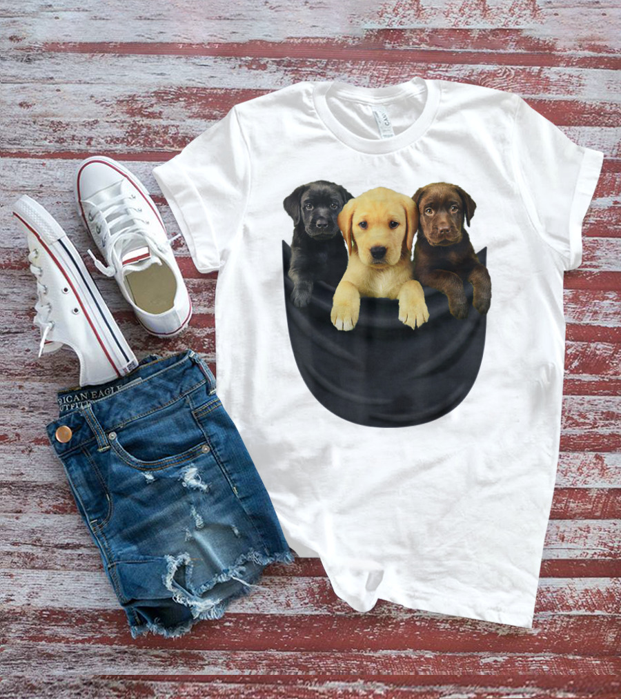 Labrador Retriever Puppy Trio In Big Black Pocket Dog T-Shirt