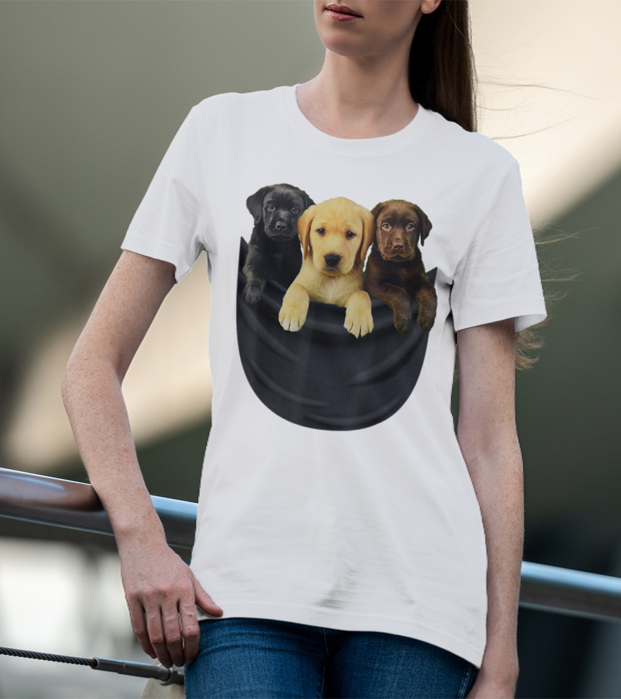 Labrador Retriever Puppy Trio In Big Black Pocket Dog T-Shirt