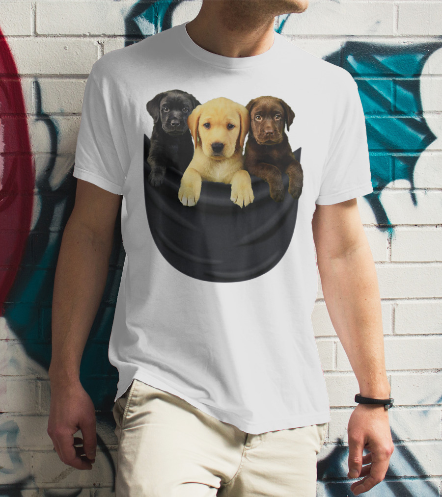 Labrador Retriever Puppy Trio In Big Black Pocket Dog T-Shirt