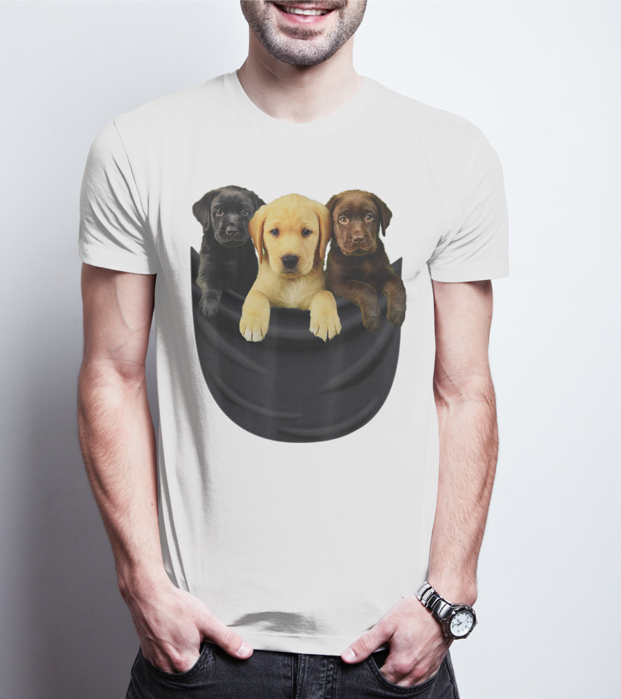 Labrador Retriever Puppy Trio In Big Black Pocket Dog T-Shirt