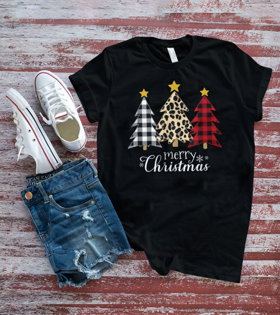 Merry Christmas Buffalo Plaid And Leopard Print Xmas Trees T-Shirt